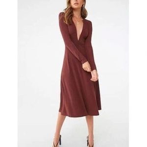Forever 21 Contemporary Plunging Deep V Midi Dress Brown Size XS Extra Small